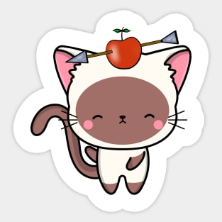 Funny White cat is playing william tell with an apple and arrow Sticker